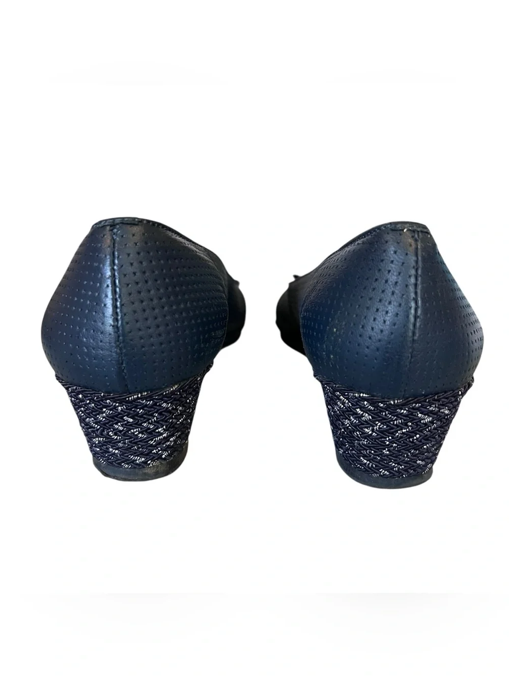 Sesto Meucci Women’s Sz 9 Navy Leather Demi Wedge Heels Perforated Floral